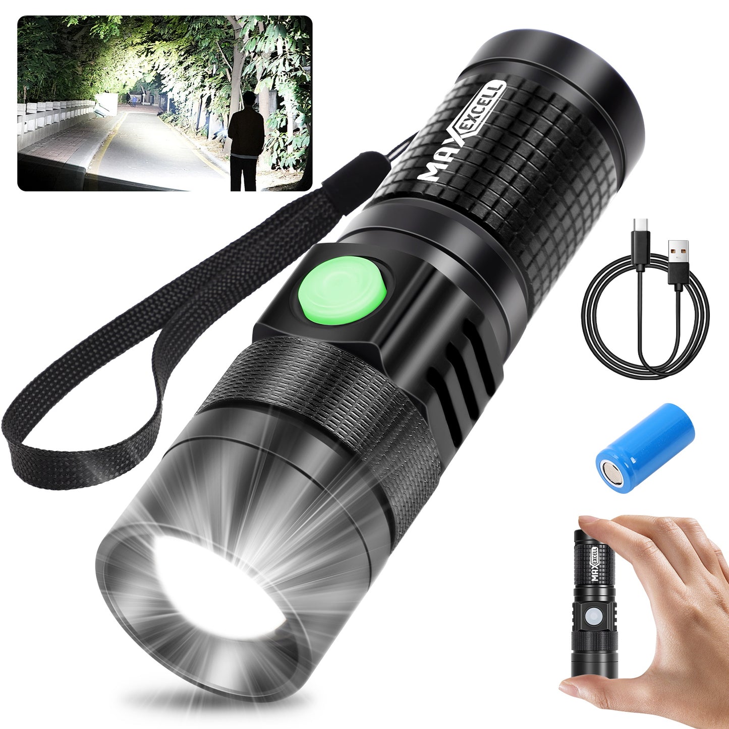 Torcia LED Ricaricabile – Alluminio, Telescopica, 3 Livelli di Luminosità e 5 Modalità - MAX-O105