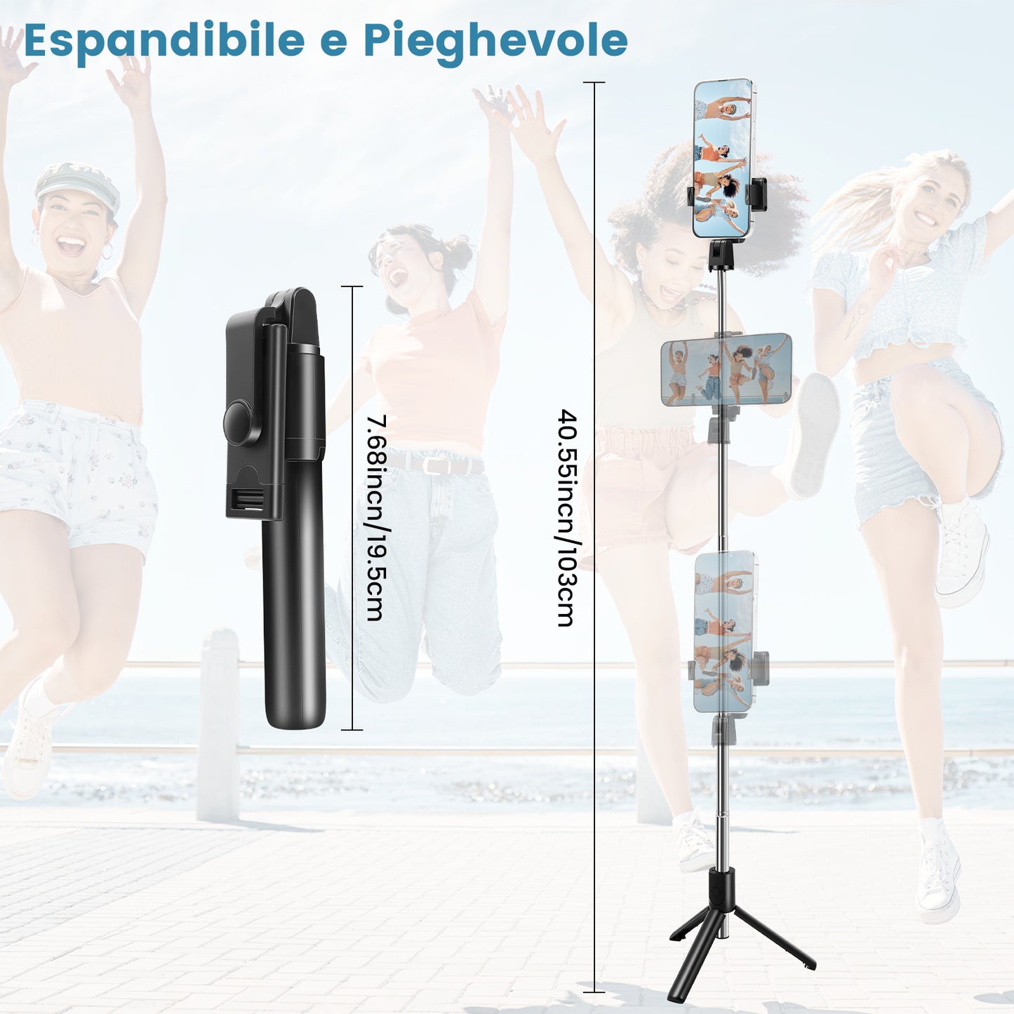 Bastone Selfie Stick – Estensibile, con Telecomando Bluetooth e Rotazione 360° - MAX-J102