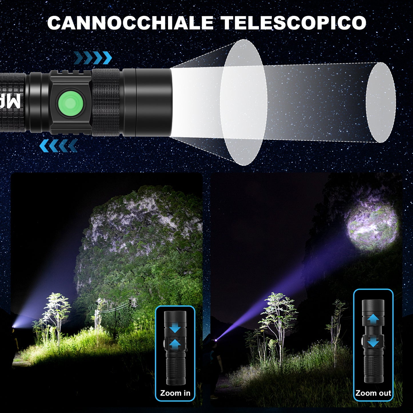 Torcia LED Ricaricabile – Alluminio, Telescopica, 3 Livelli di Luminosità e 5 Modalità - MAX-O105
