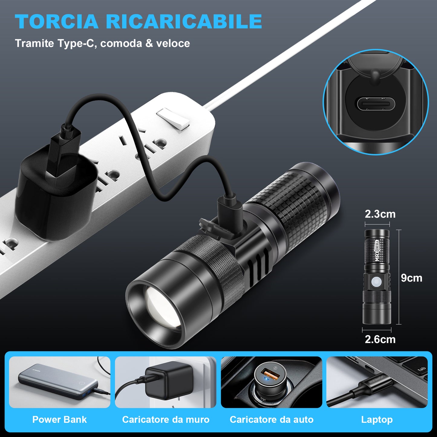 Torcia LED Ricaricabile – Alluminio, Telescopica, 3 Livelli di Luminosità e 5 Modalità - MAX-O105
