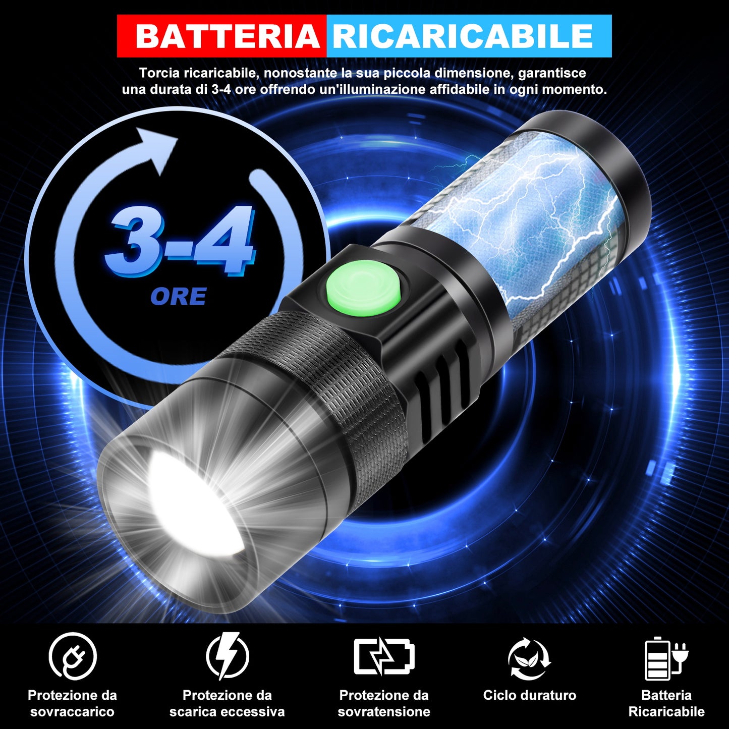 Torcia LED Ricaricabile – Alluminio, Telescopica, 3 Livelli di Luminosità e 5 Modalità - MAX-O105