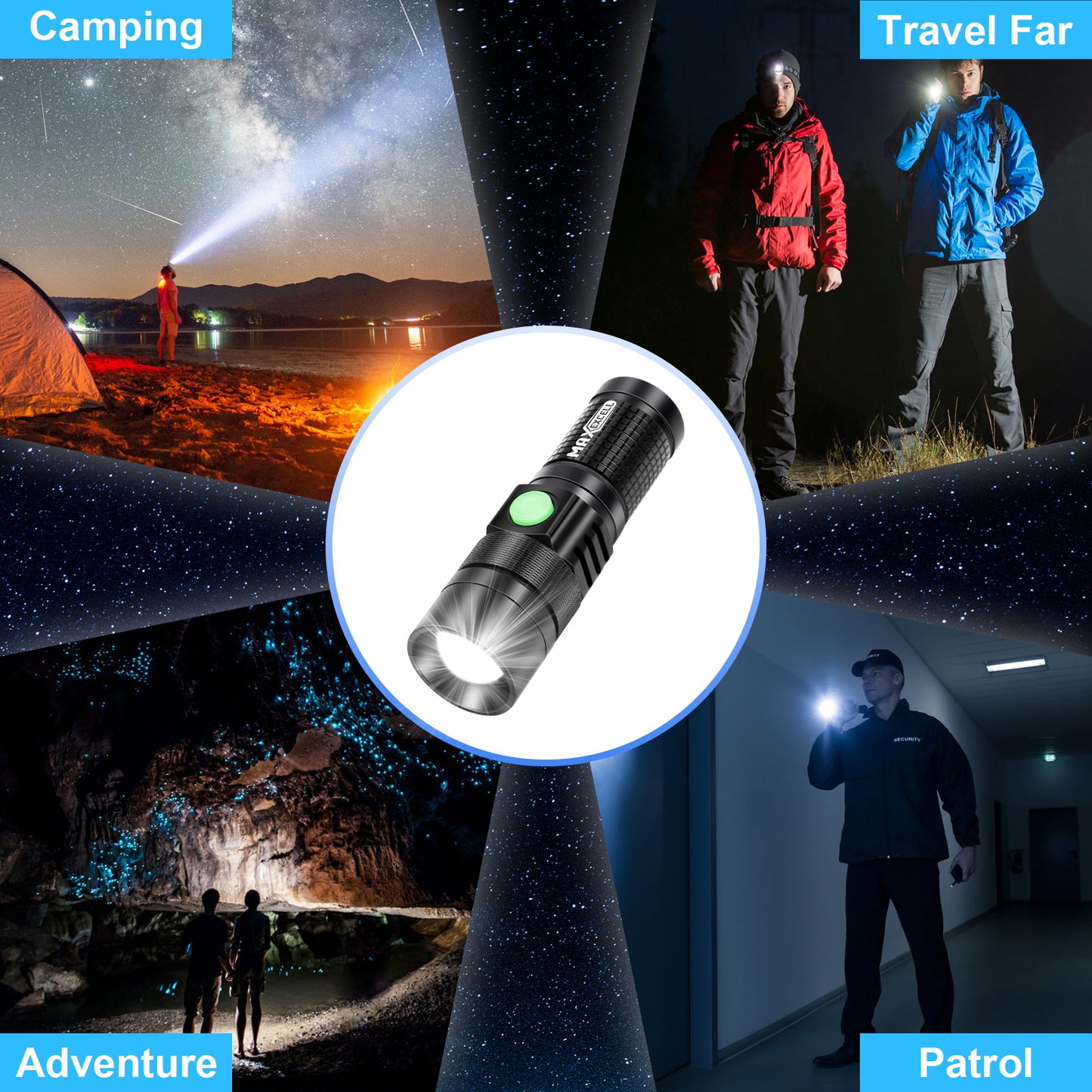 Torcia LED Ricaricabile – Alluminio, Telescopica, 3 Livelli di Luminosità e 5 Modalità - MAX-O105