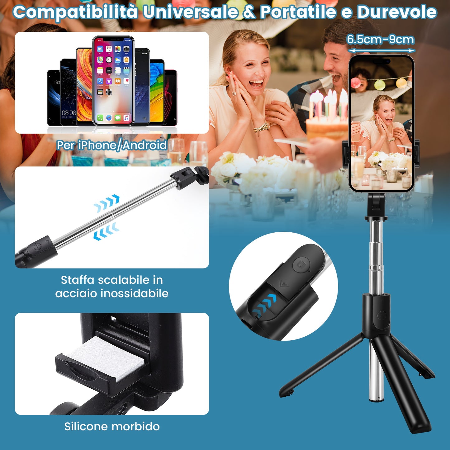 Bastone Selfie Stick – Estensibile, con Telecomando Bluetooth e Rotazione 360° - MAX-J102