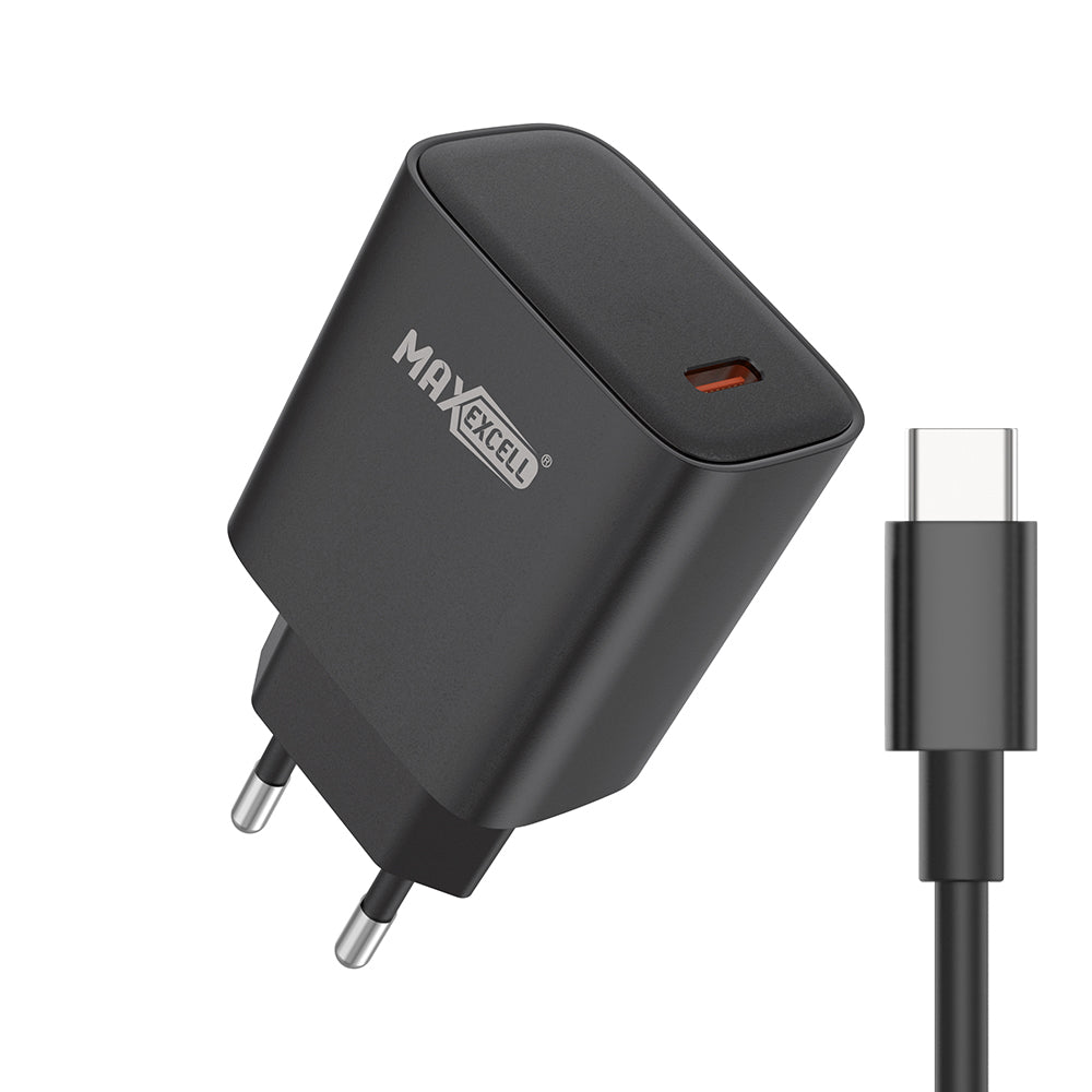 Caricatore da Muro 25W PD + QC – 1 Porta USB-C con Cavo C-C Integrato, Ricarica Ultra Rapida, Compatto – MAX-A110