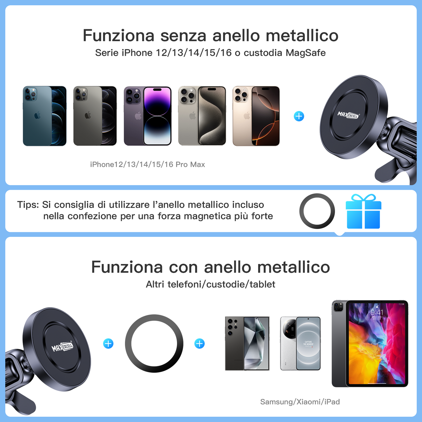 Porta Cellulare Auto – Supporto Magnetico con Attacco alla Bocchetta d’Aria, Universale e Compatto – MAX-I121