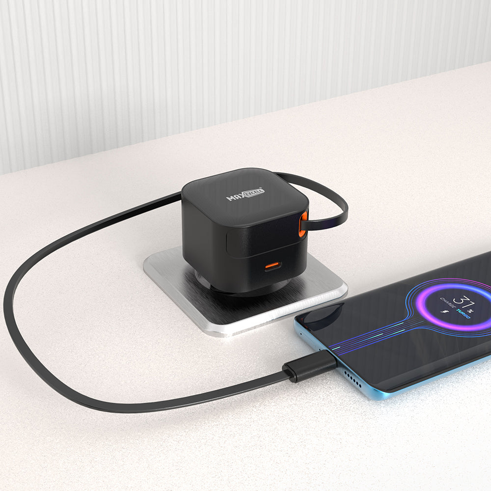 Caricatore da Muro 25W USB-C – Cavo Retrattile Integrato 50 cm, Ricarica Ultra Rapida, Design Compatto – MAX-A111