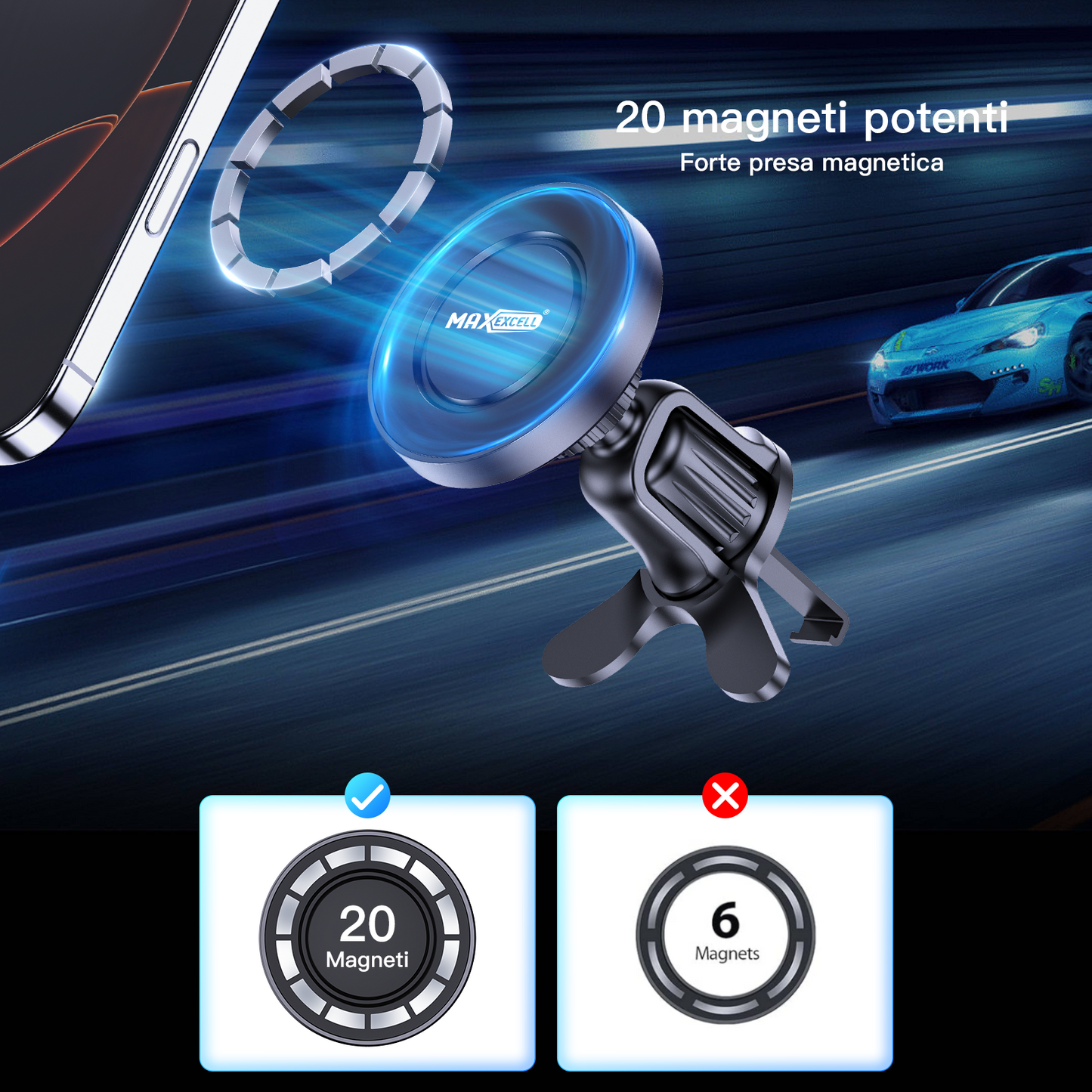 Porta Cellulare Auto – Supporto Magnetico con Attacco alla Bocchetta d’Aria, Universale e Compatto – MAX-I121