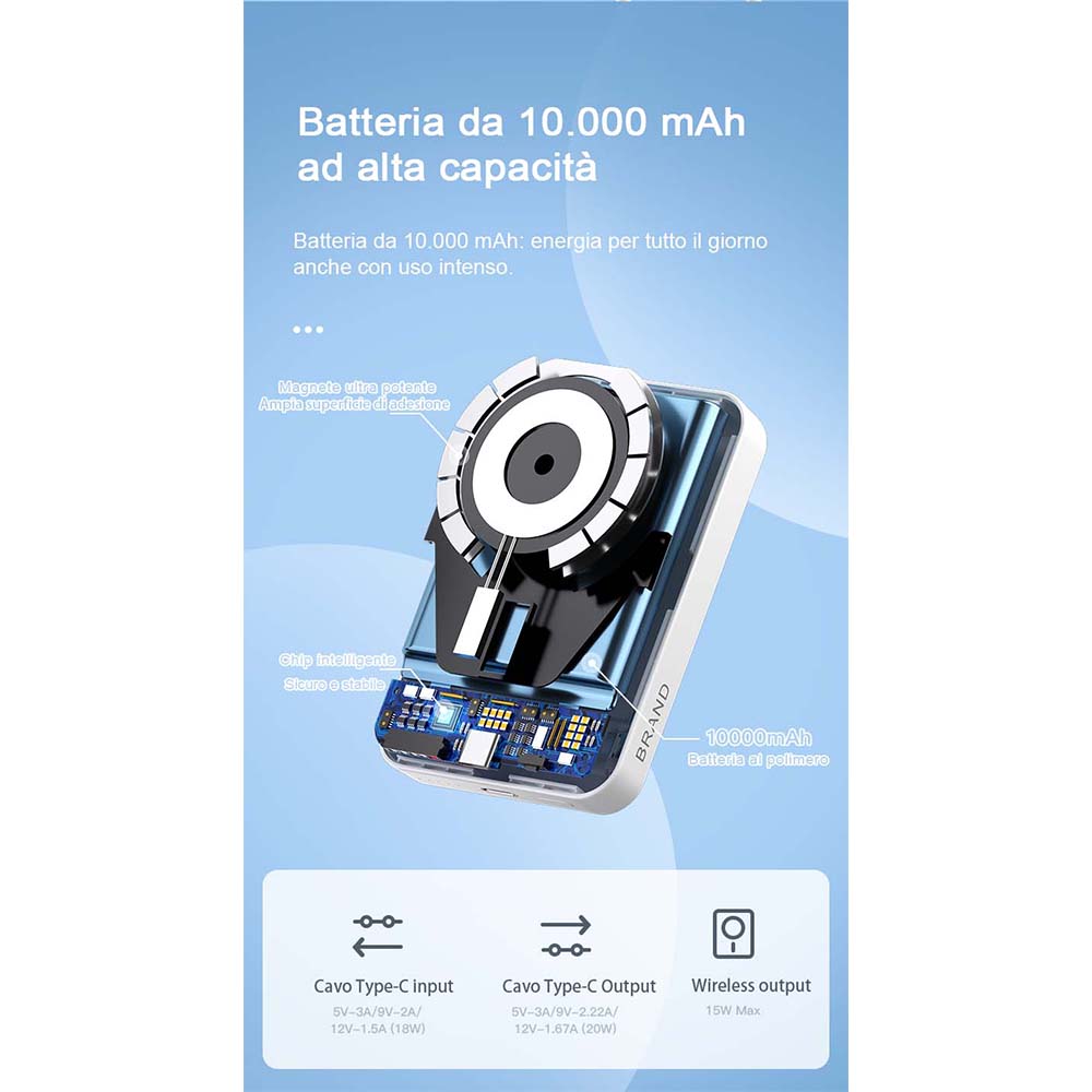 Power Bank 10000mAh – Ricarica Wireless 15W + USB-C 20W Bidirezionale - MAX-F106
