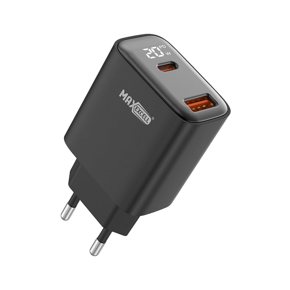 MAXEXCELL Caricabatteria per Cellulare 20W PD + QC – 2 Porte (USB‑C + USB‑A) con LED