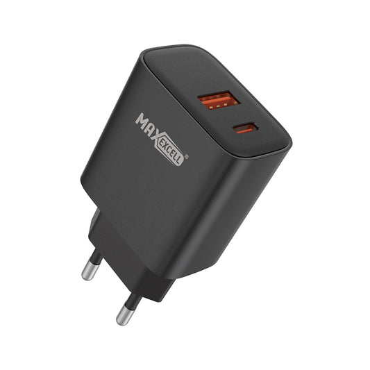 MAXEXCELL Caricabatteria per Cellulare 25W PD + QC – Doppia Porta USB-A + USB-C