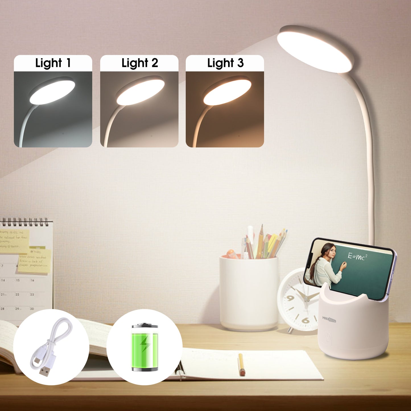 Lampada da Scrivania LED – Collo Flessibile, Ricaricabile, con Supporto Smartphone - MAX-O101