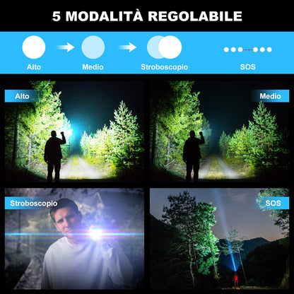 Torcia LED Ricaricabile – Alluminio, Telescopica, 3 Livelli di Luminosità e 5 Modalità - MAX-O105