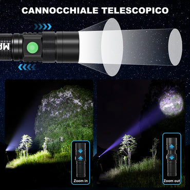 Torcia LED Ricaricabile – Alluminio, Telescopica, 3 Livelli di Luminosità e 5 Modalità - MAX-O105
