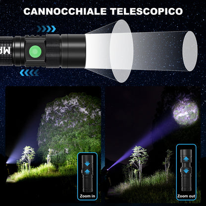 Torcia LED Ricaricabile – Alluminio, Telescopica, 3 Livelli di Luminosità e 5 Modalità - MAX-O105