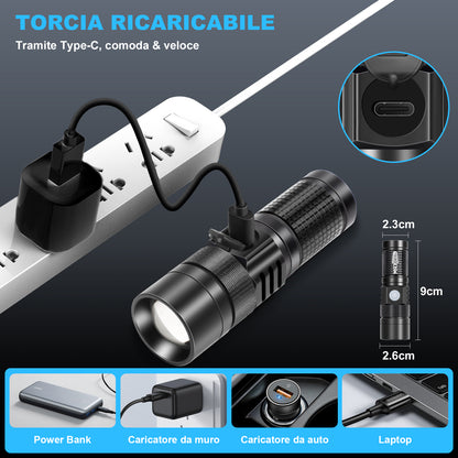 Torcia LED Ricaricabile – Alluminio, Telescopica, 3 Livelli di Luminosità e 5 Modalità - MAX-O105
