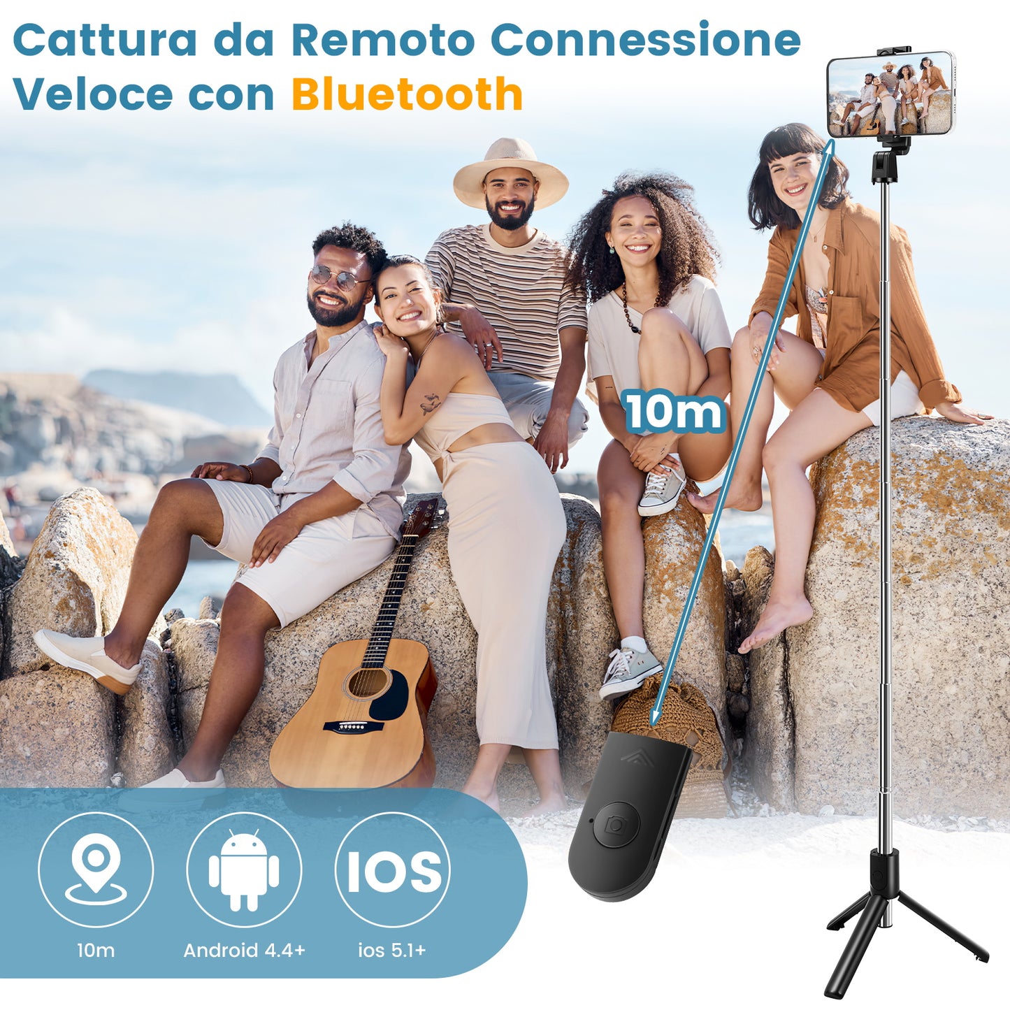 Bastone Selfie Stick – Estensibile, con Telecomando Bluetooth e Rotazione 360° - MAX-J102