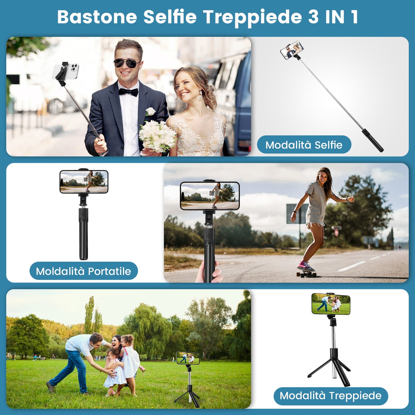 Bastone Selfie Stick – Estensibile, con Telecomando Bluetooth e Rotazione 360° - MAX-J102