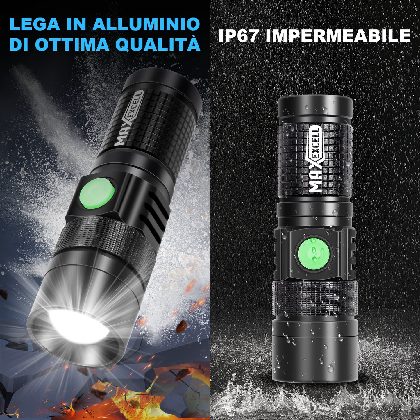 Torcia LED Ricaricabile – Alluminio, Telescopica, 3 Livelli di Luminosità e 5 Modalità - MAX-O105