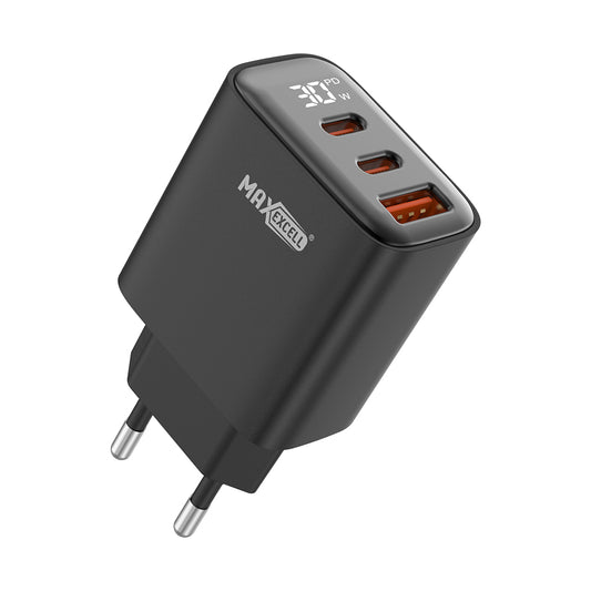 Caricatore da Muro 30W PD + QC – 3 Porte (2 USB-C + 1 USB-A) con LED, Ricarica Ultra Rapida, Compatto e Sicuro - MAX-A108