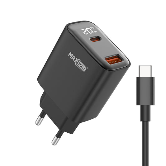 Caricatore da Muro 20W PD + QC – 2 Porte (USB‑C + USB‑A) con LED, Ricarica Ultra Rapida, Compatto e Sicuro - MAX-A114