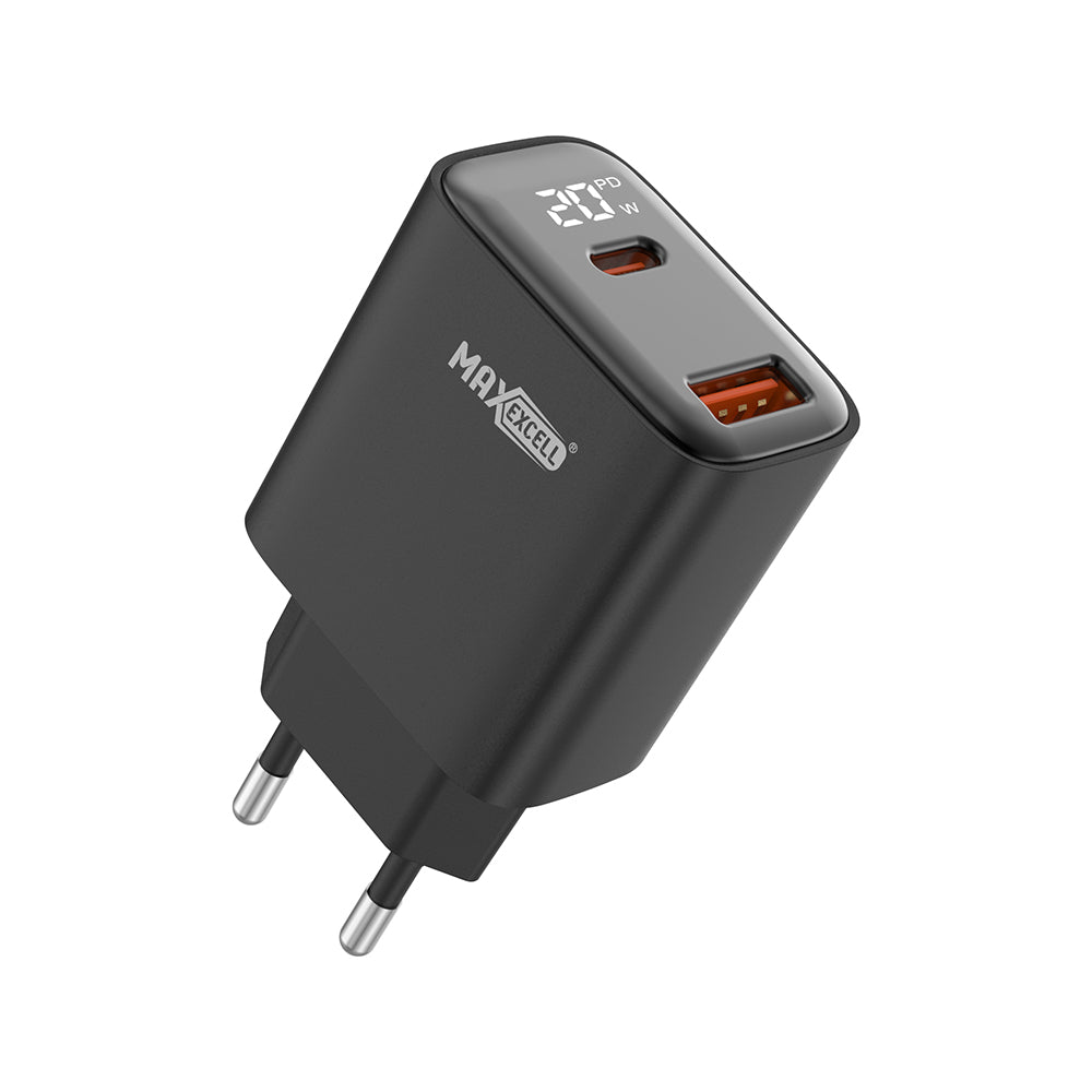 Caricatore da Muro 20W PD + QC – 2 Porte (USB‑C + USB‑A) con LED, Ricarica Ultra Rapida, Compatto e Sicuro - MAX-A114