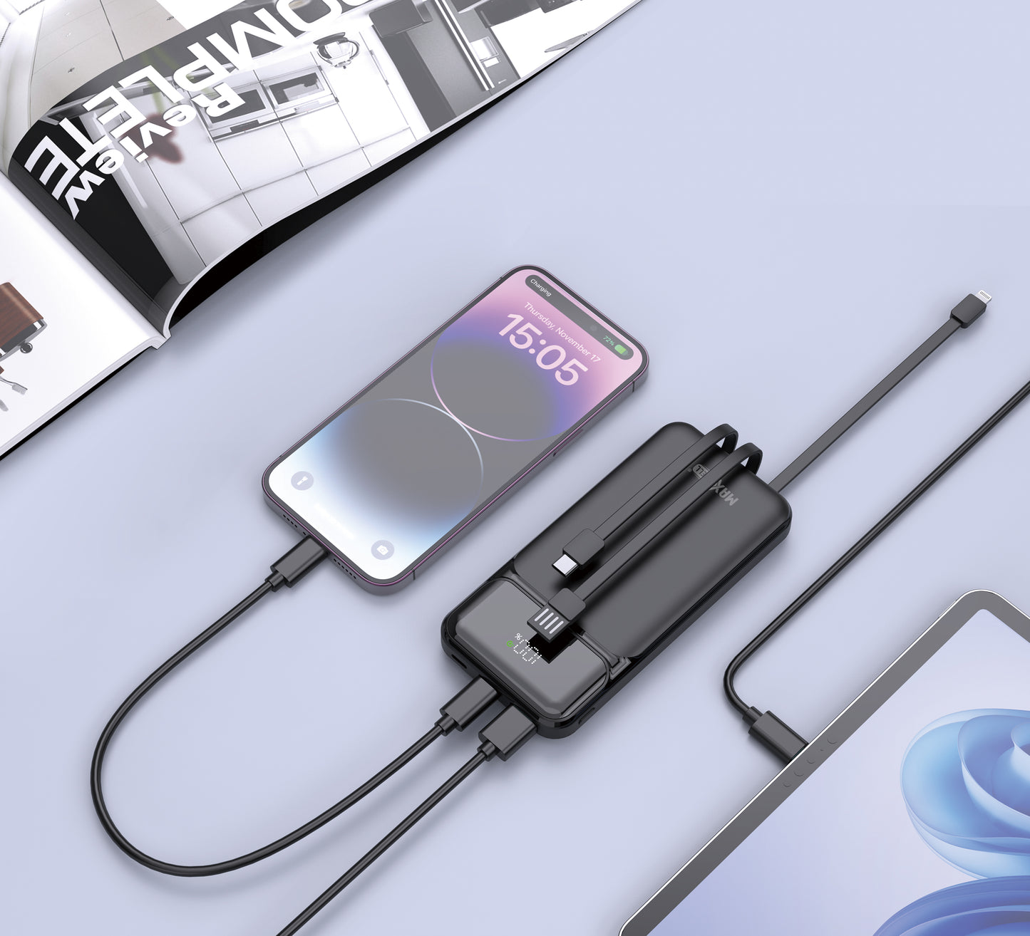Power Bank Compatto con 3 Cavi Integrati, USB-C PD 22.5W, Display LED e Porte Multiple - MAX-F109