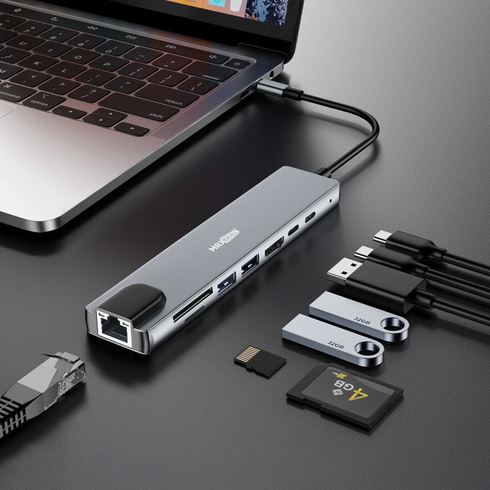 HUB USB-C Multiporta 8 in 1 – 20cm, Porta Alimentazione Micro USB, Uscita 4K Ultra HD, Connessioni Multiple per Laptop, Tablet e Smartphone – Model: 8 IN 1 - MAX-J126