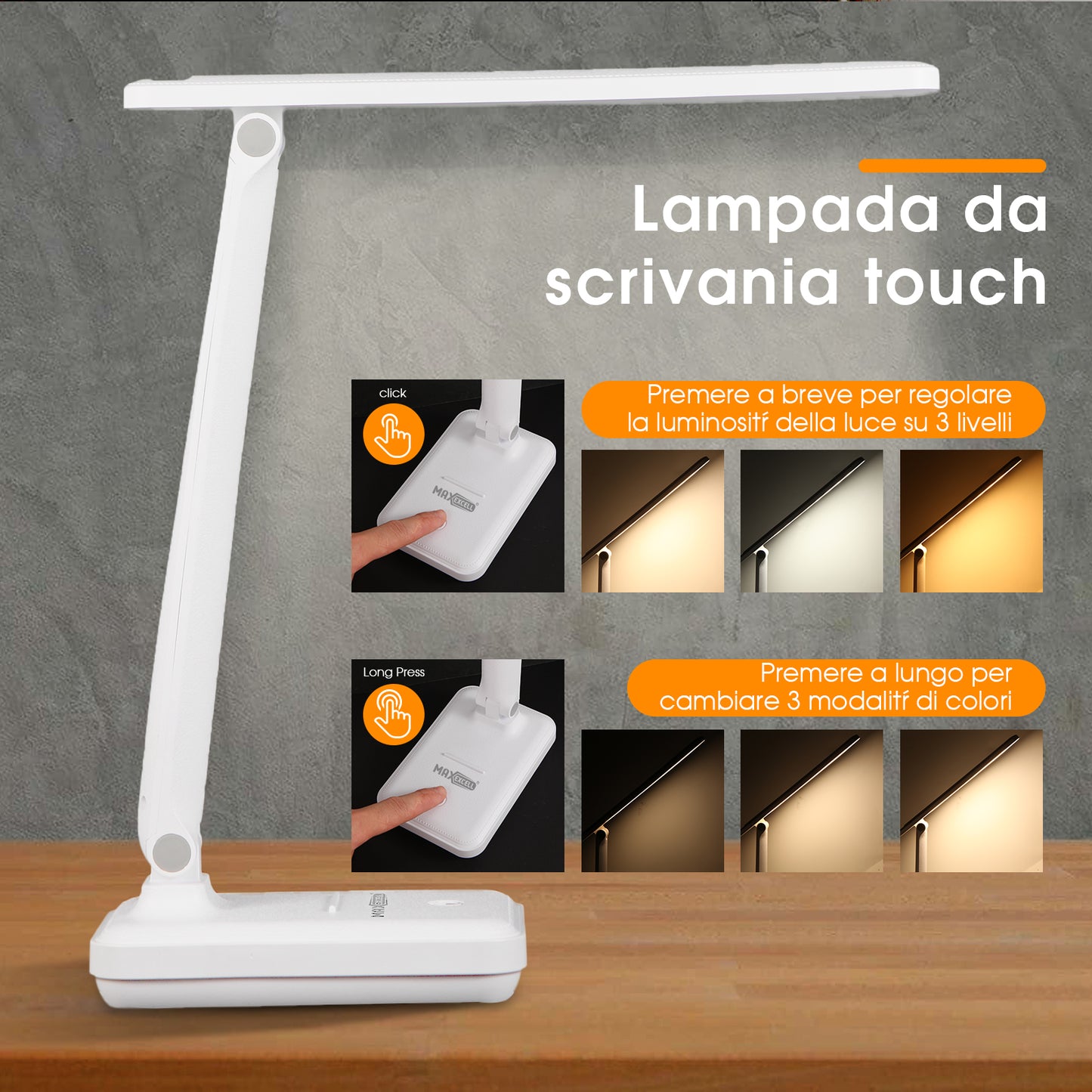 Lampada da Scrivania LED – Pieghevole, Ricaricabile e con Supporto per Smartphone - MAX-O100