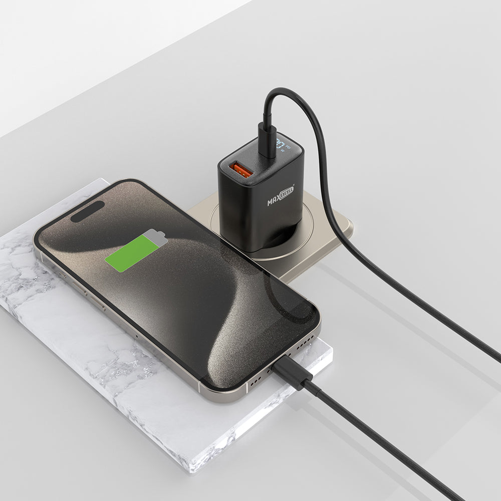 Caricatore da Muro 20W PD + QC – 2 Porte (USB‑C + USB‑A) con LED, Ricarica Ultra Rapida, Compatto e Sicuro - MAX-A114