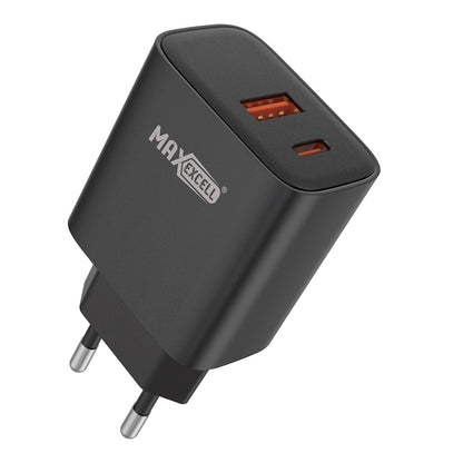 Caricatore da Muro 25W PD + QC – Doppia Porta USB-A + USB-C, Ricarica Ultra Rapida, Compatto e Sicuro – MAX-A109