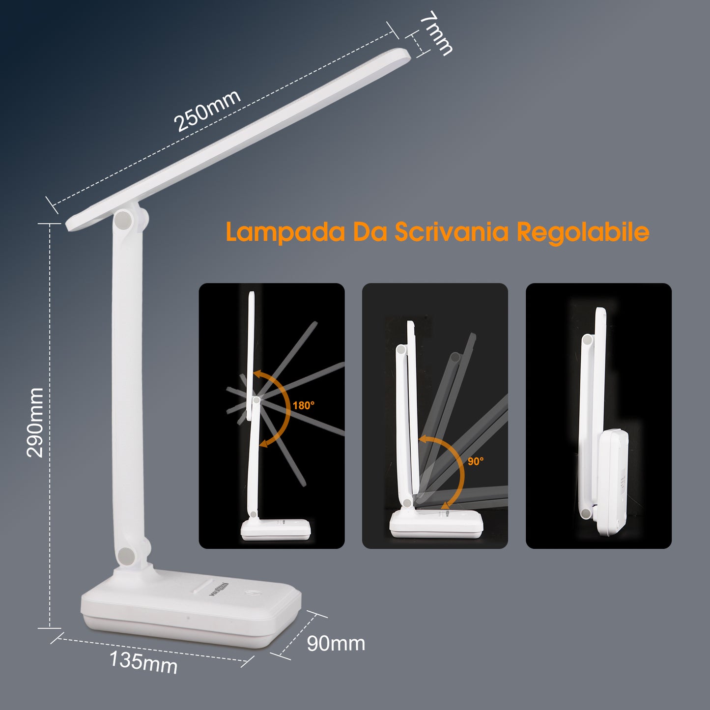 Lampada da Scrivania LED – Pieghevole, Ricaricabile e con Supporto per Smartphone - MAX-O100
