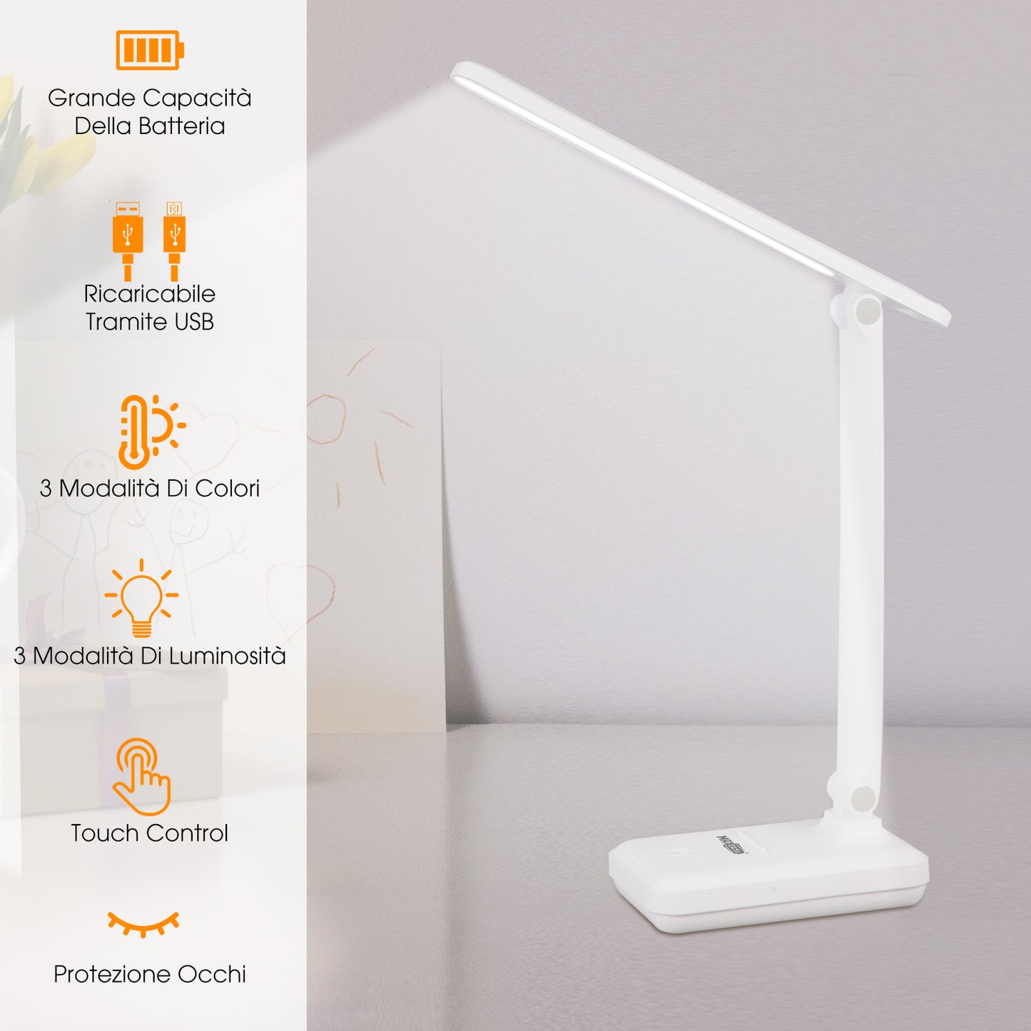 Lampada da Scrivania LED – Pieghevole, Ricaricabile e con Supporto per Smartphone - MAX-O100