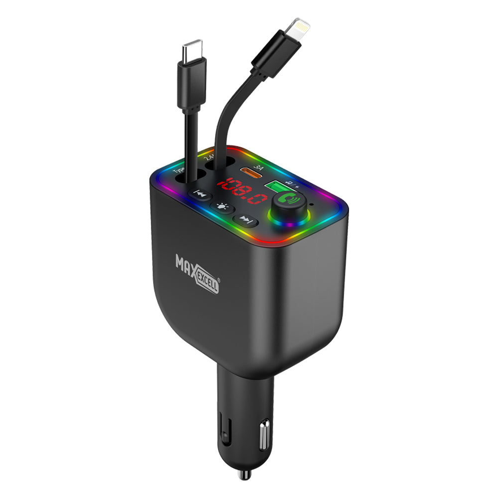 MAXEXCELL Car MP3 Bluetooth con QC 3.0 18W e 2 Cavi Integrati (Lightning + USB-C)