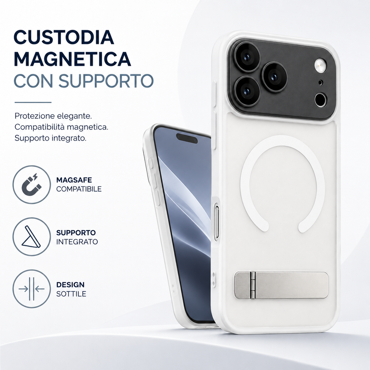 MAXEXCELL Cover Magnetica con Supporto Pieghevole per iPhone Serie 17/18 – Retro Semi-Trasparente e Finitura Soft-Touch