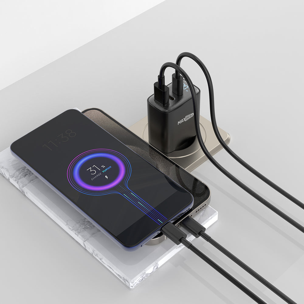 Caricatore da Muro 30W PD + QC – 3 Porte (2 USB-C + 1 USB-A) con LED, Ricarica Ultra Rapida, Compatto e Sicuro - MAX-A108
