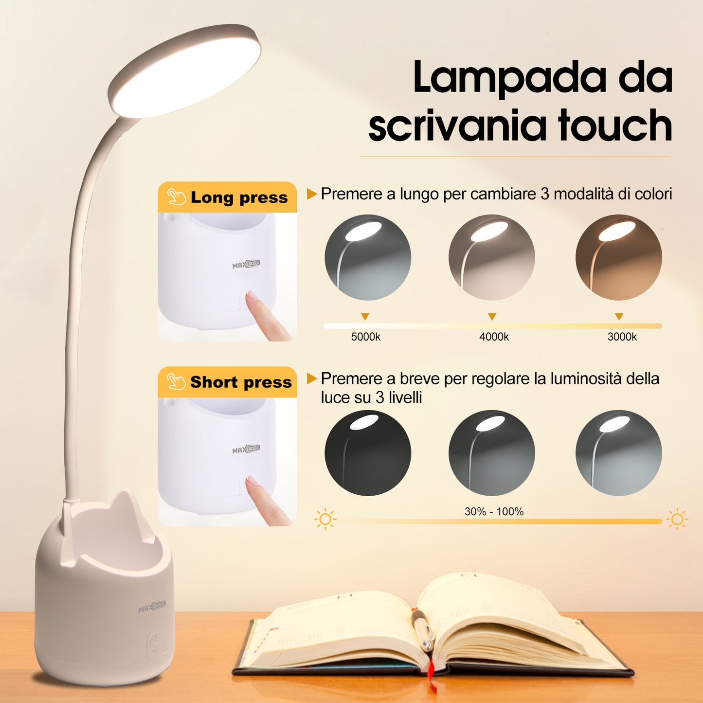 Lampada da Scrivania LED – Collo Flessibile, Ricaricabile, con Supporto Smartphone - MAX-O101