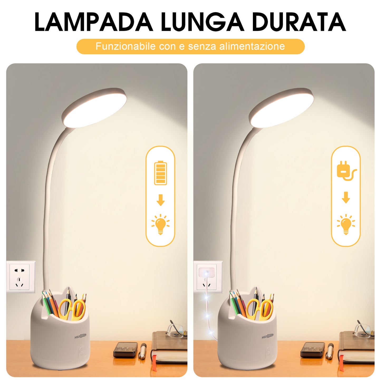 Lampada da Scrivania LED – Collo Flessibile, Ricaricabile, con Supporto Smartphone - MAX-O101