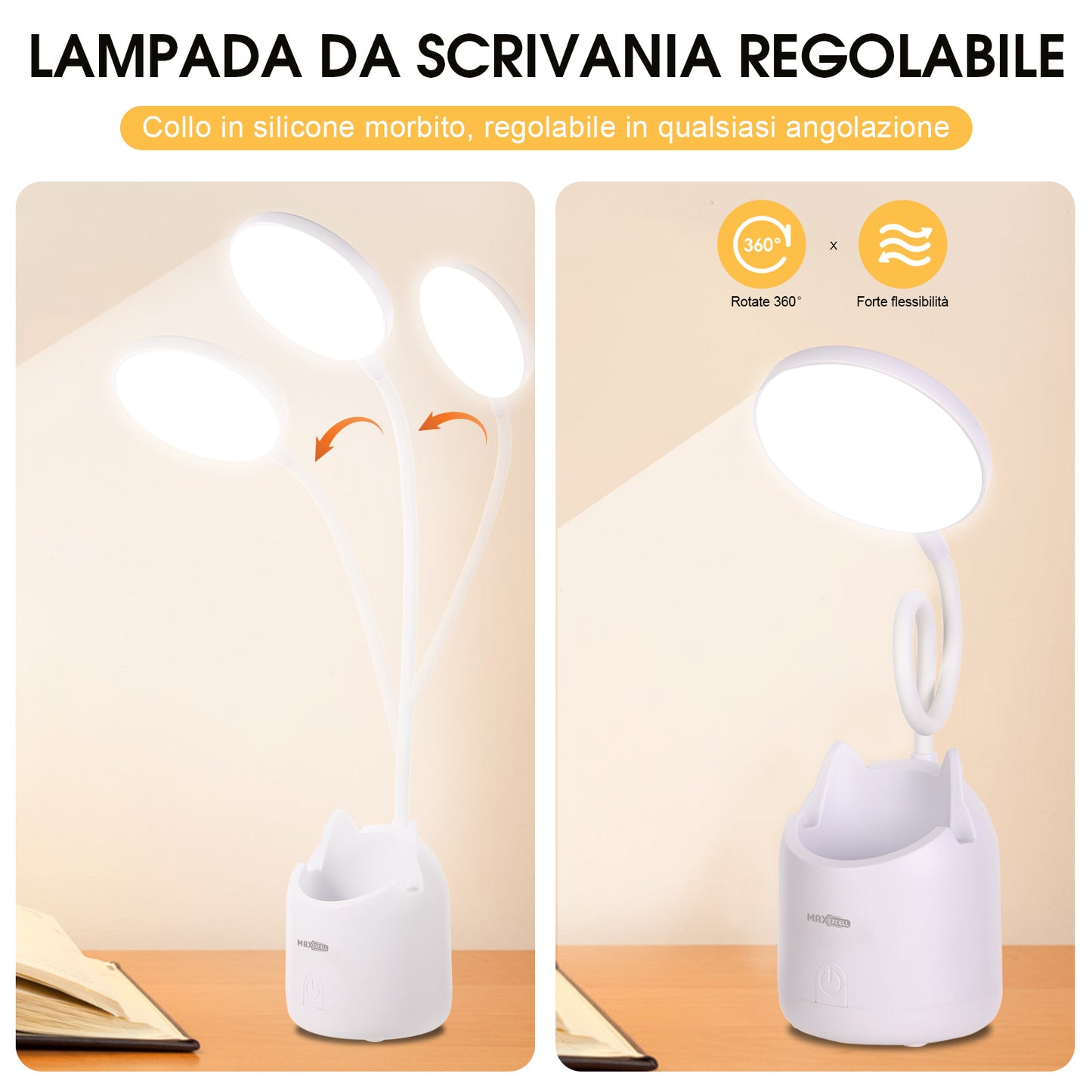 Lampada da Scrivania LED – Collo Flessibile, Ricaricabile, con Supporto Smartphone - MAX-O101