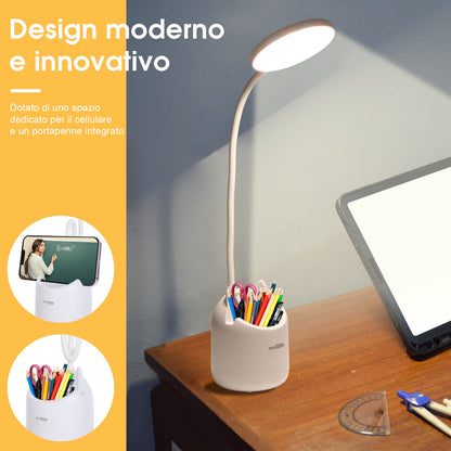 Lampada da Scrivania LED – Collo Flessibile, Ricaricabile, con Supporto Smartphone - MAX-O101